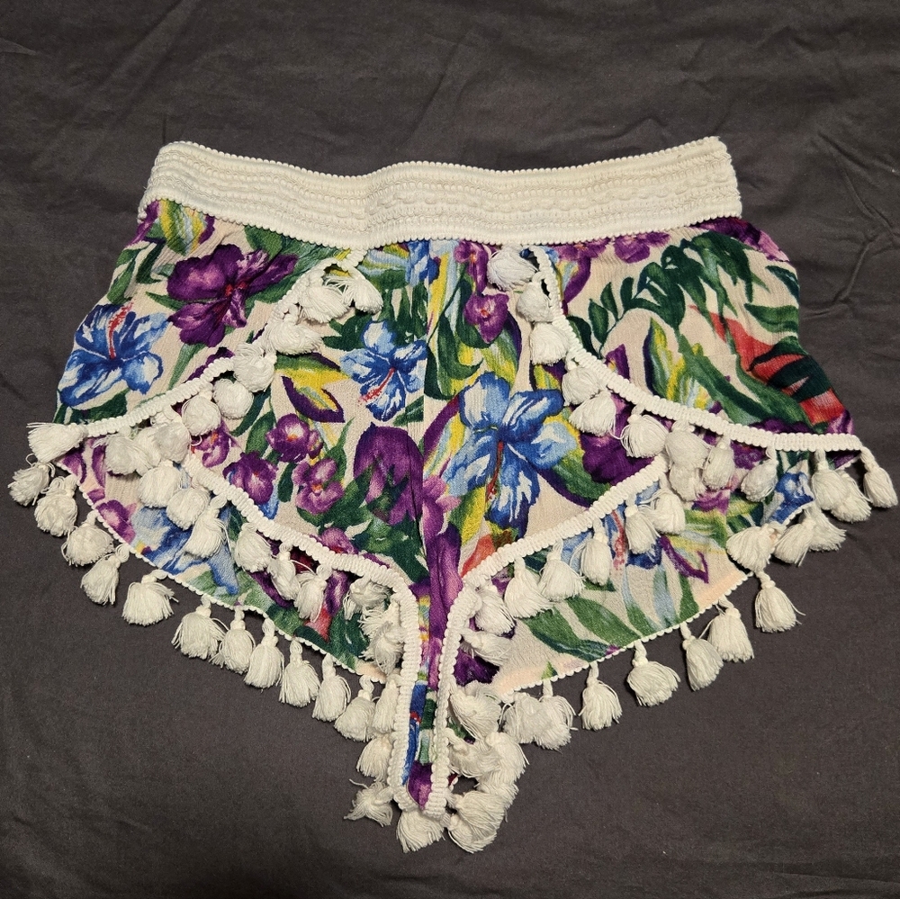 Forever 21 Multicolor Floral High Waist Shorts With PomPom Tassel Fringe.Size S.